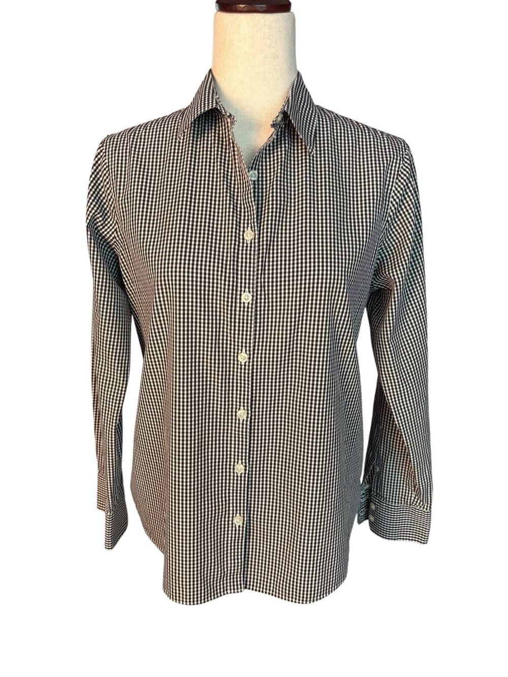 Lands End Womens 10P Black White Gingham Check Button Down No-Iron Long Shirt